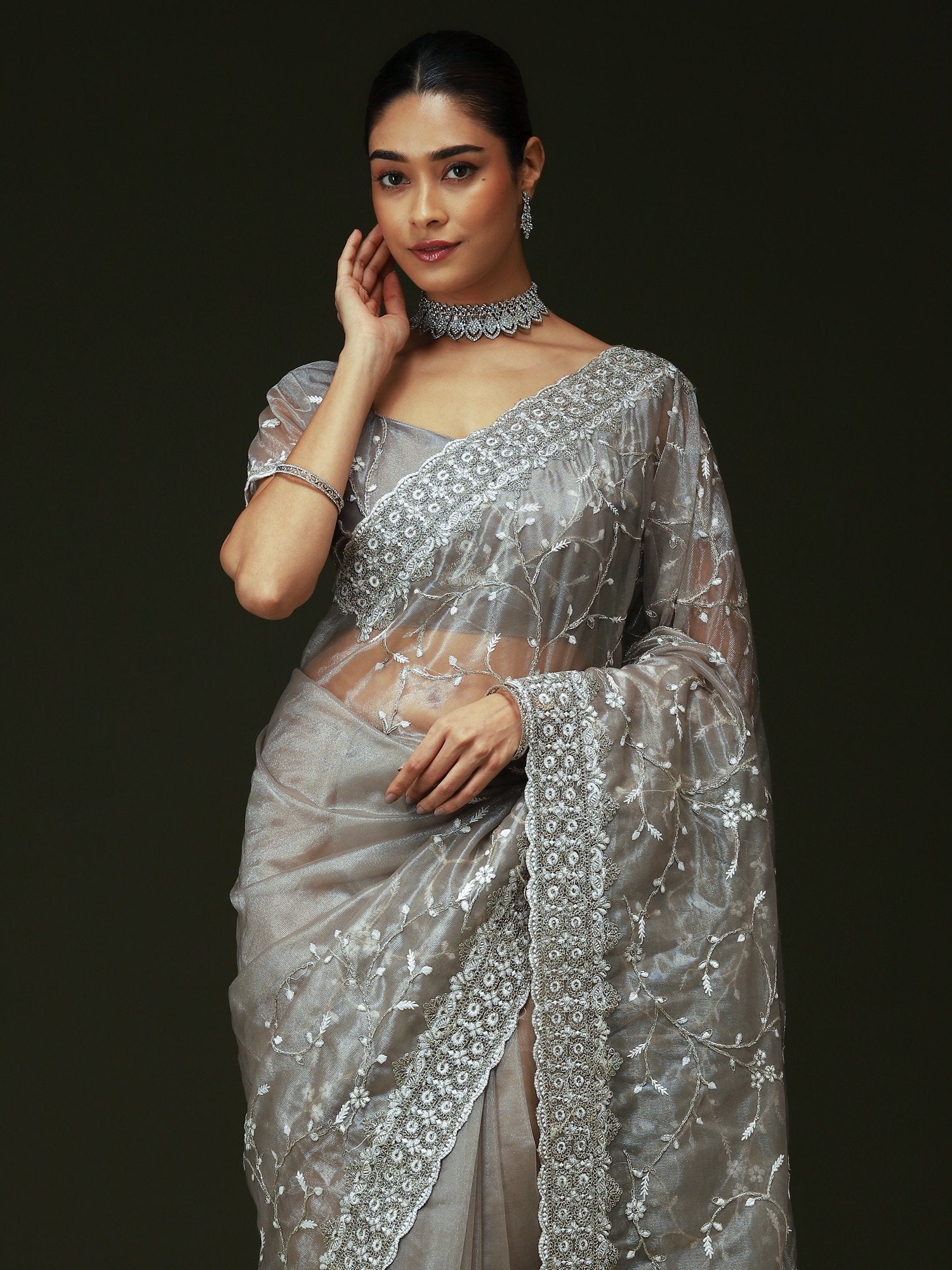 Silver Party Wear Organza Embellished Saree