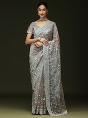 Silver Silver Party Wear Organza Embellished Saree