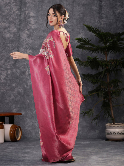 Pink Banarasi Silk Blend Digital Print Saree