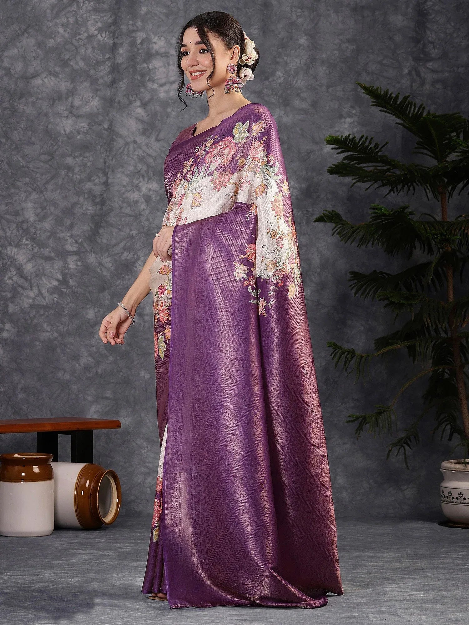 Purple Banarasi Silk Blend Digital Print Saree
