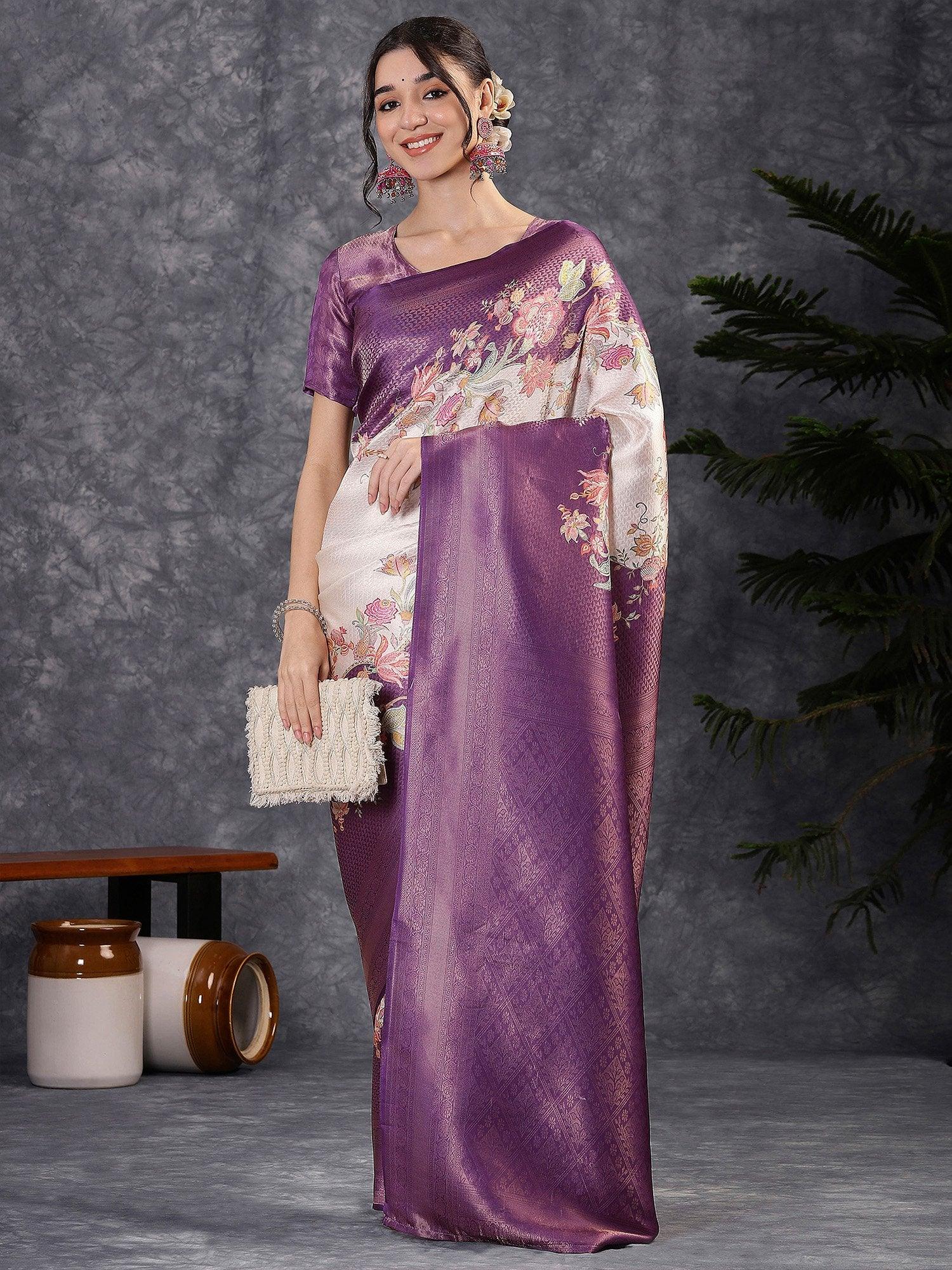 Purple Banarasi Silk Blend Digital Print Saree