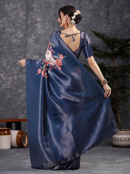 Blue Banarasi Silk Blend Digital Print Saree