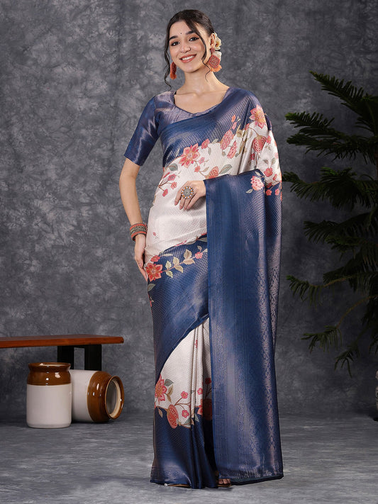 Blue Blue Banarasi Silk Blend Digital Print Saree