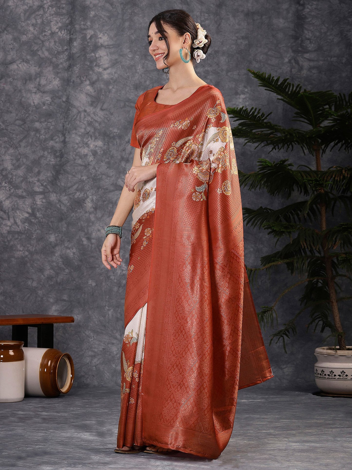 Rust Banarasi Silk Blend Digital Print Saree