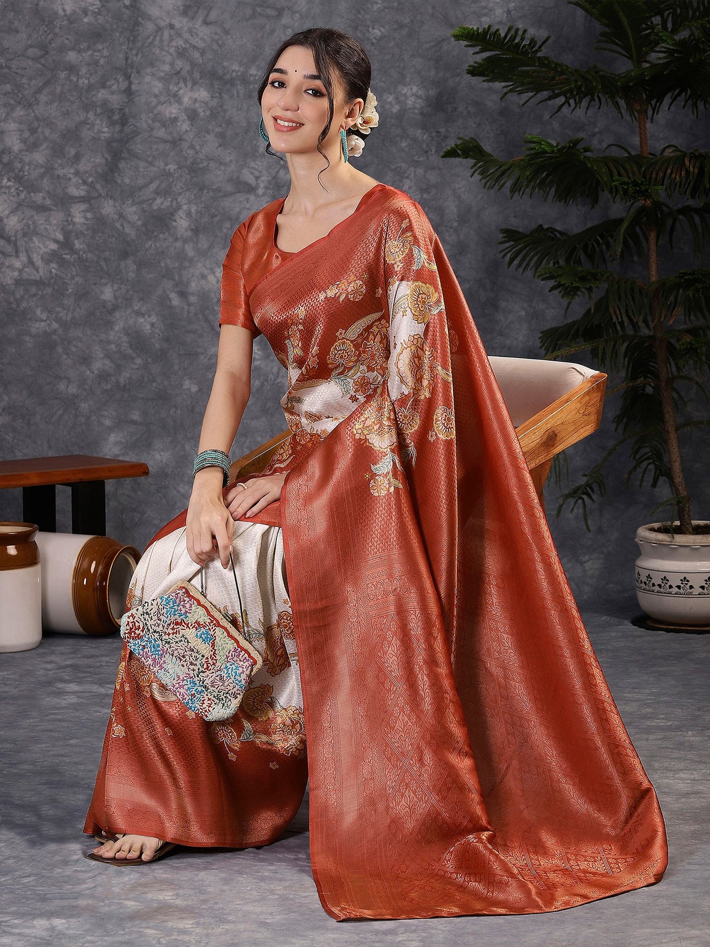 Rust Banarasi Silk Blend Digital Print Saree