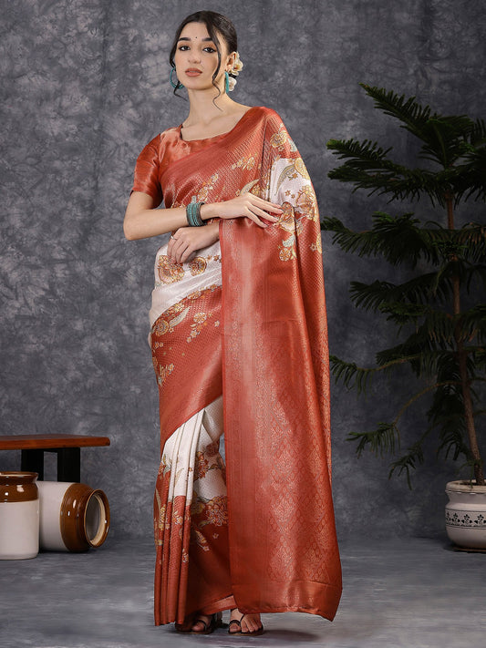 Brown Rust Banarasi Silk Blend Digital Print Saree