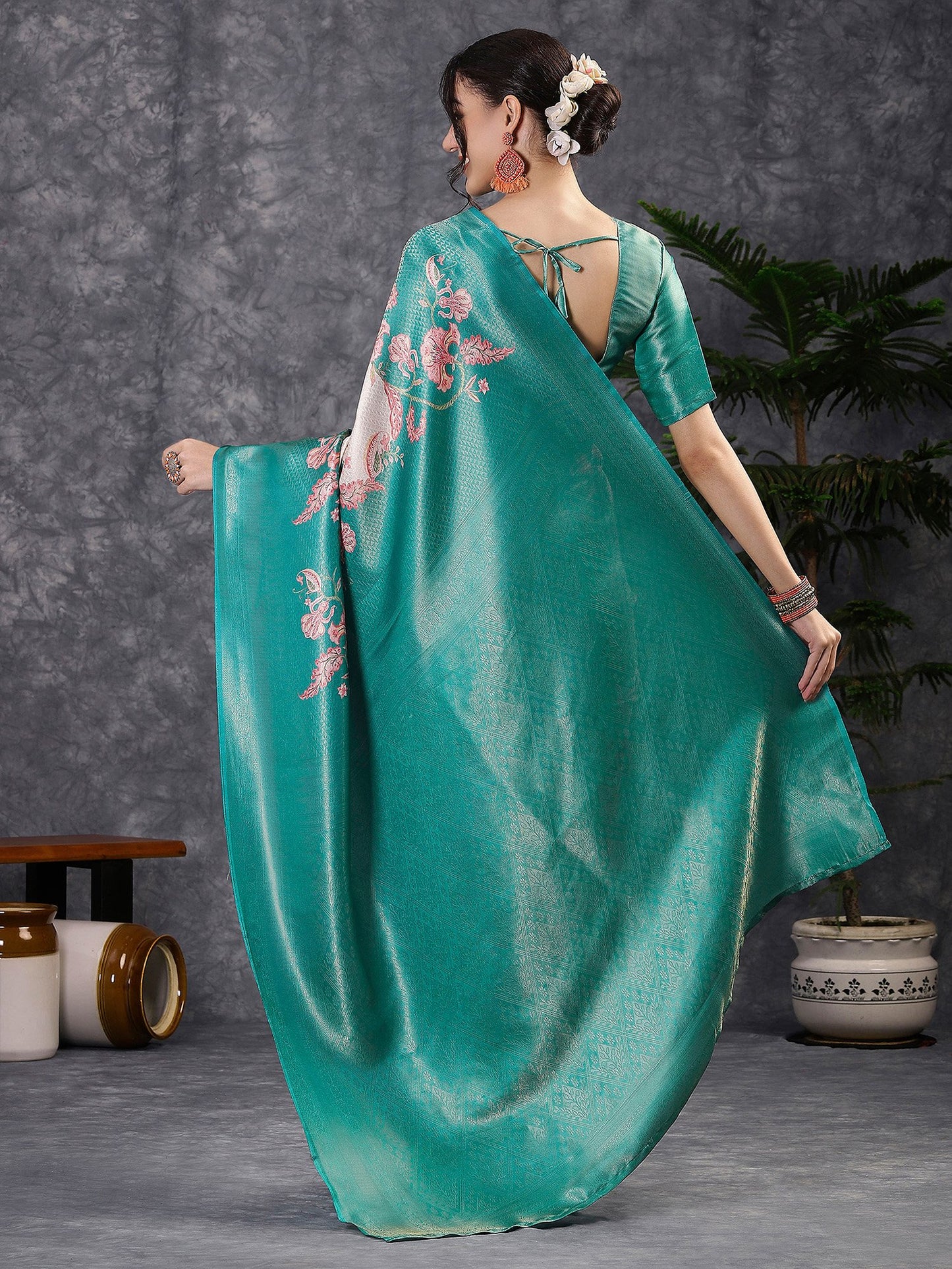 Turquoise Banarasi Silk Blend Digital Print Saree