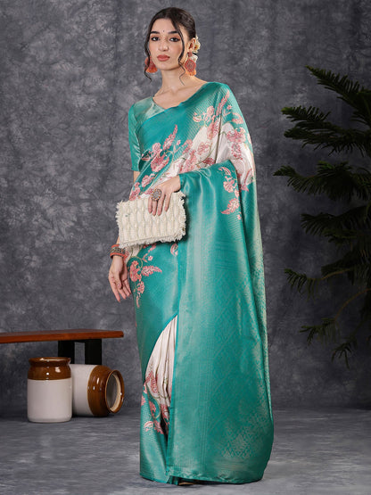 Turquoise Banarasi Silk Blend Digital Print Saree