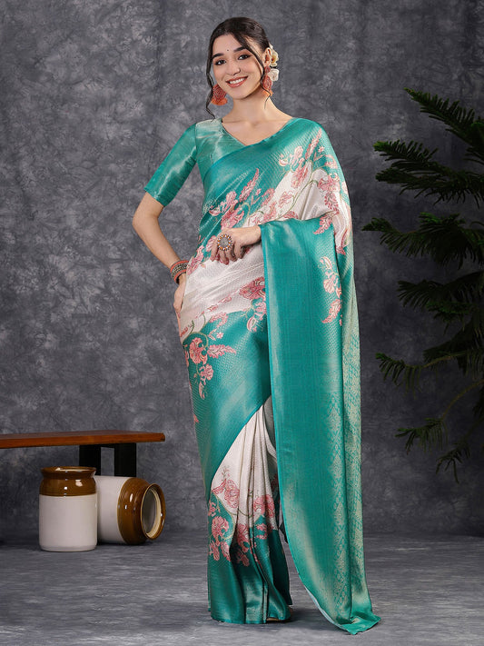 Blue Turquoise Banarasi Silk Blend Digital Print Saree