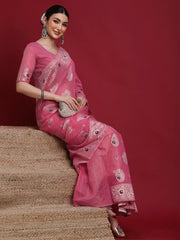 Pink Banarasi Organza Woven Saree