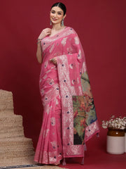 Pink Pink Banarasi Organza Woven Saree