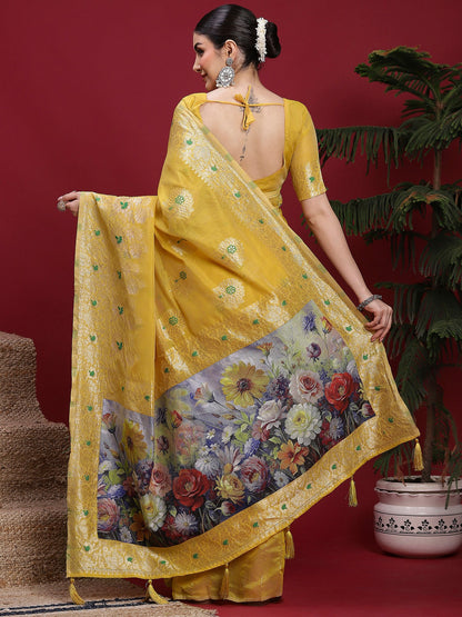 Yellow Banarasi Organza Woven Saree