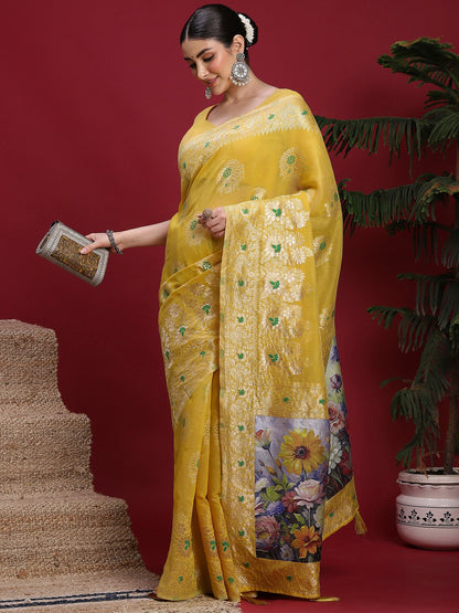 Yellow Banarasi Organza Woven Saree