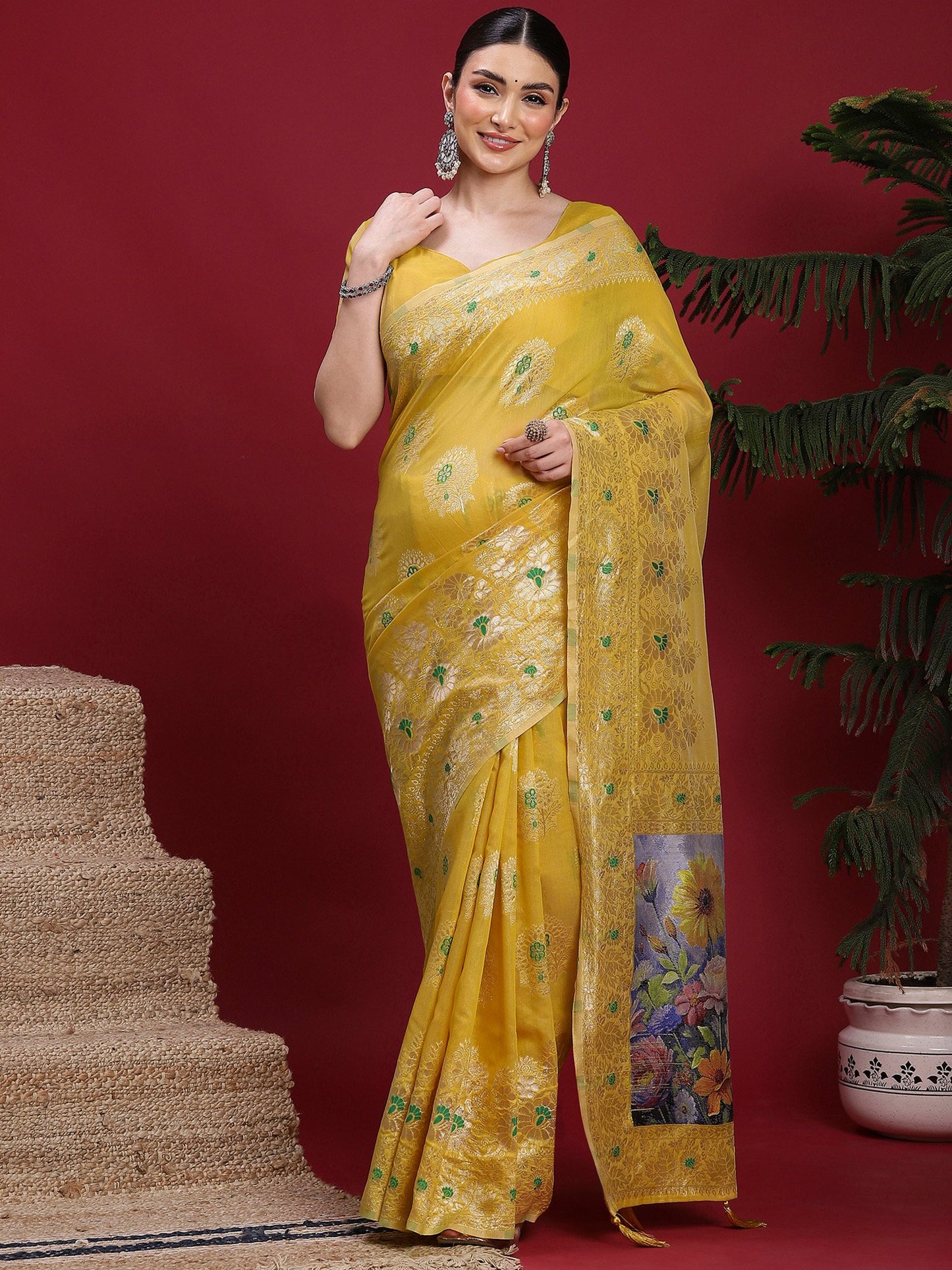 Yellow Yellow Banarasi Organza Woven Saree