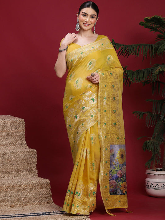 Yellow Yellow Banarasi Organza Woven Saree