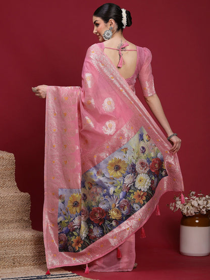 Pink Banarasi Organza Woven Saree