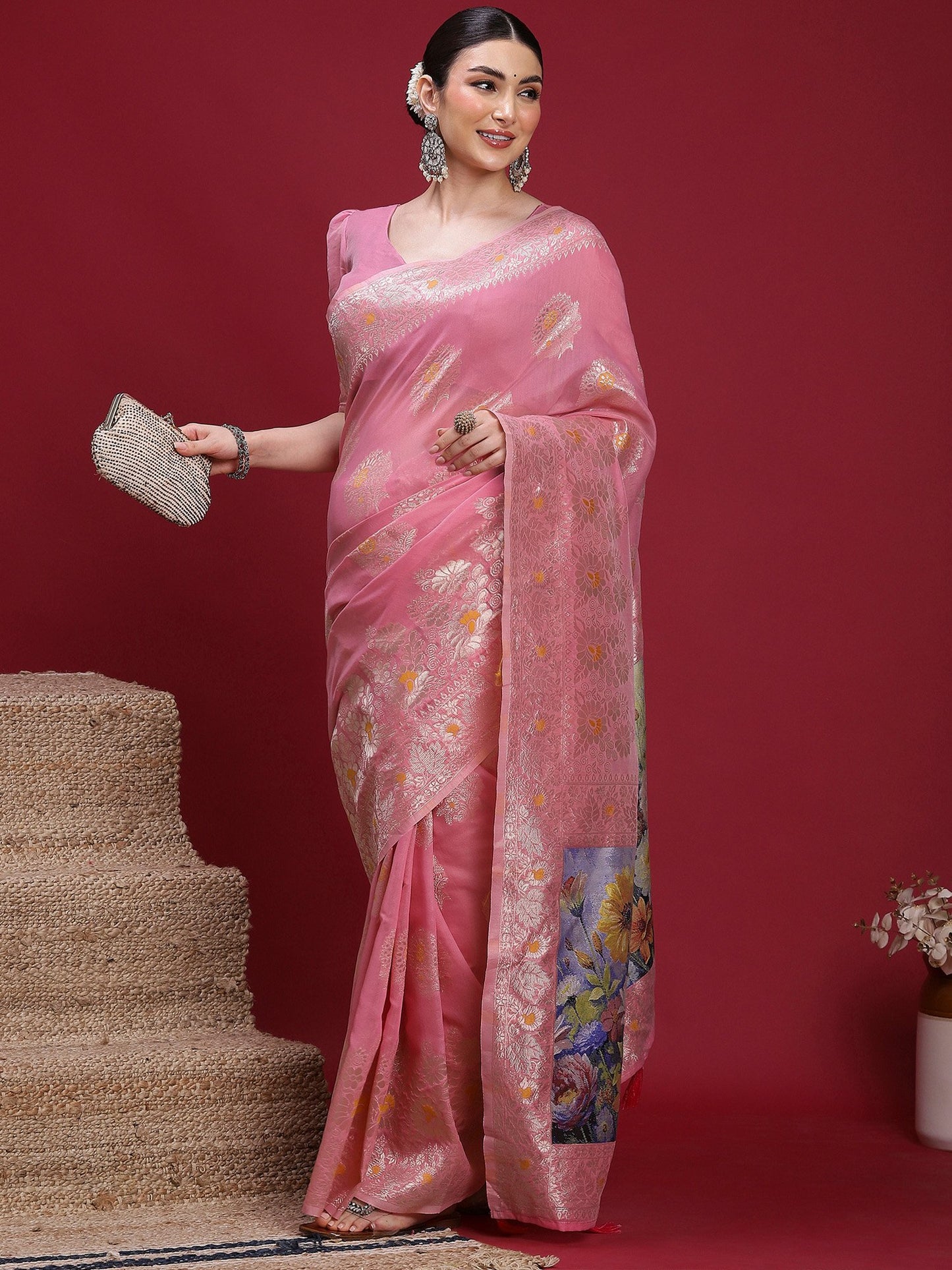 Pink Banarasi Organza Woven Saree