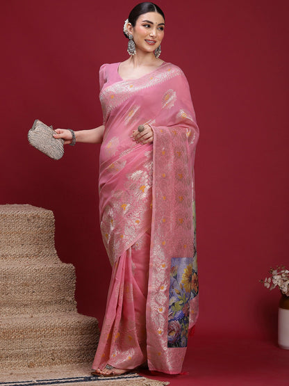 Pink Banarasi Organza Woven Saree