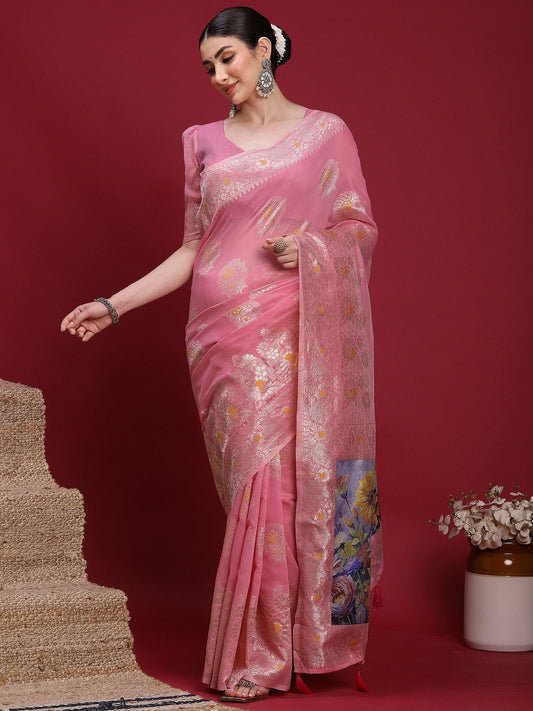 Pink Pink Banarasi Organza Woven Saree
