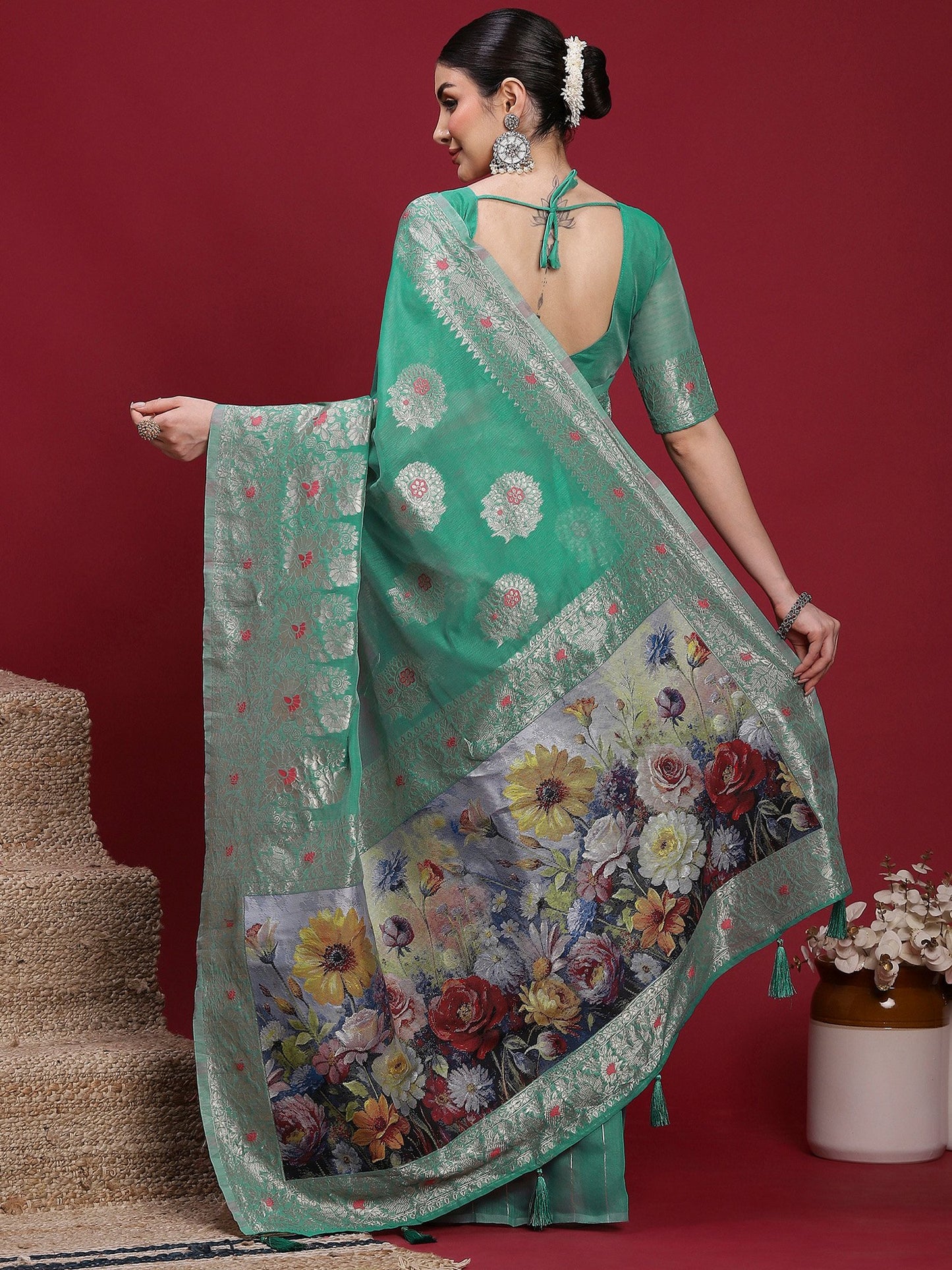 Teal Banarasi Organza Woven Saree