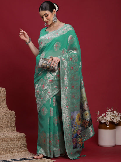 Teal Banarasi Organza Woven Saree