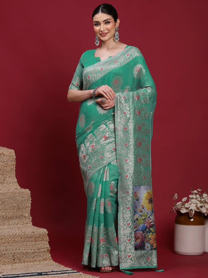 Green Teal Banarasi Organza Woven Saree