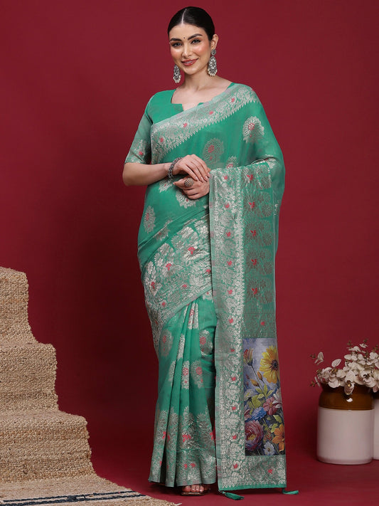 Green Teal Banarasi Organza Woven Saree