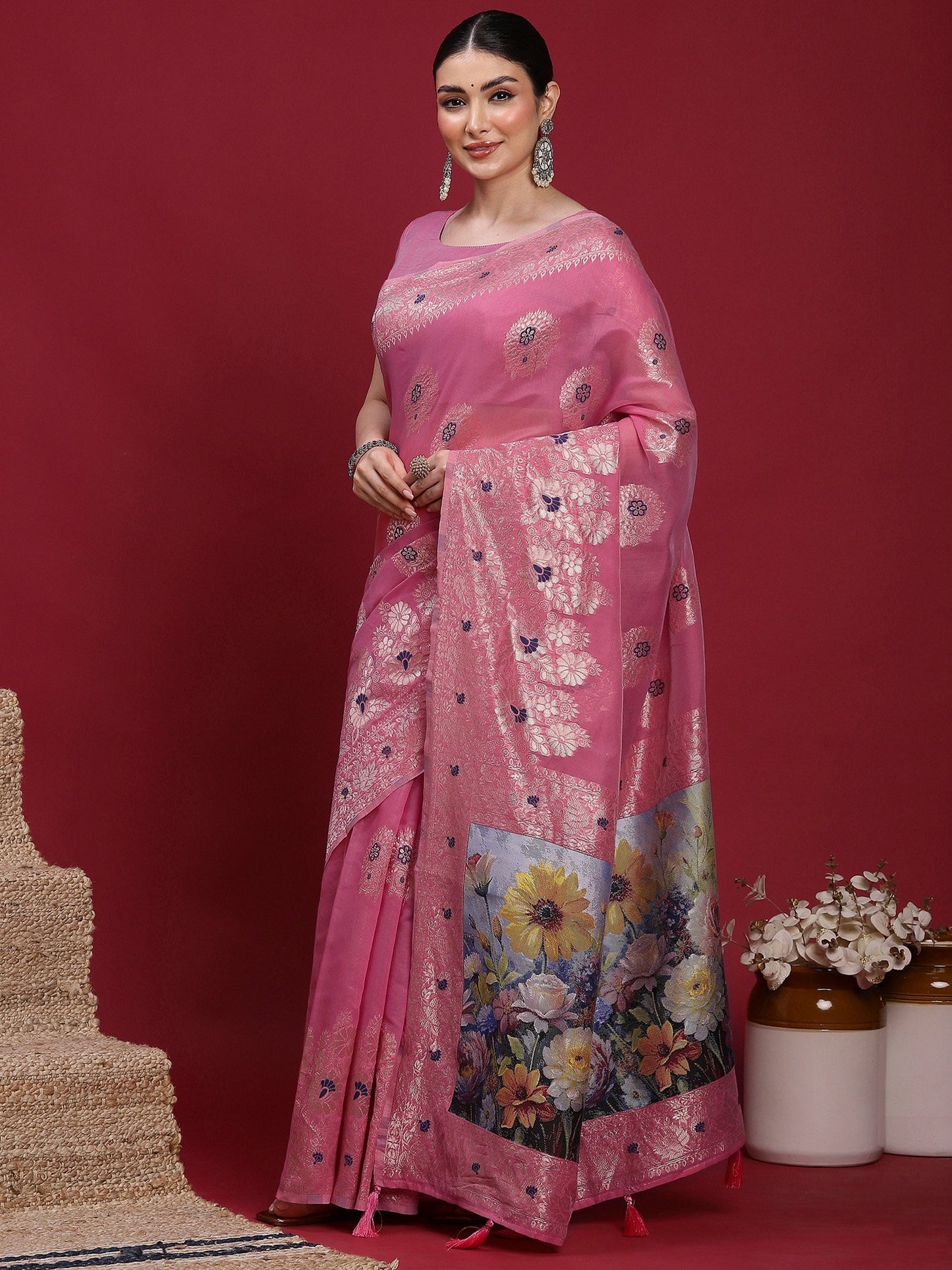 Pink Banarasi Organza Woven Saree