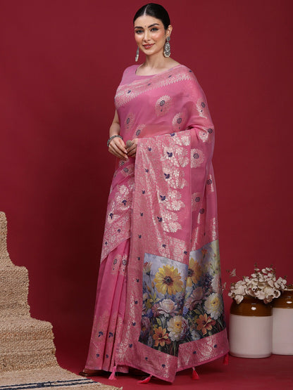 Pink Banarasi Organza Woven Saree