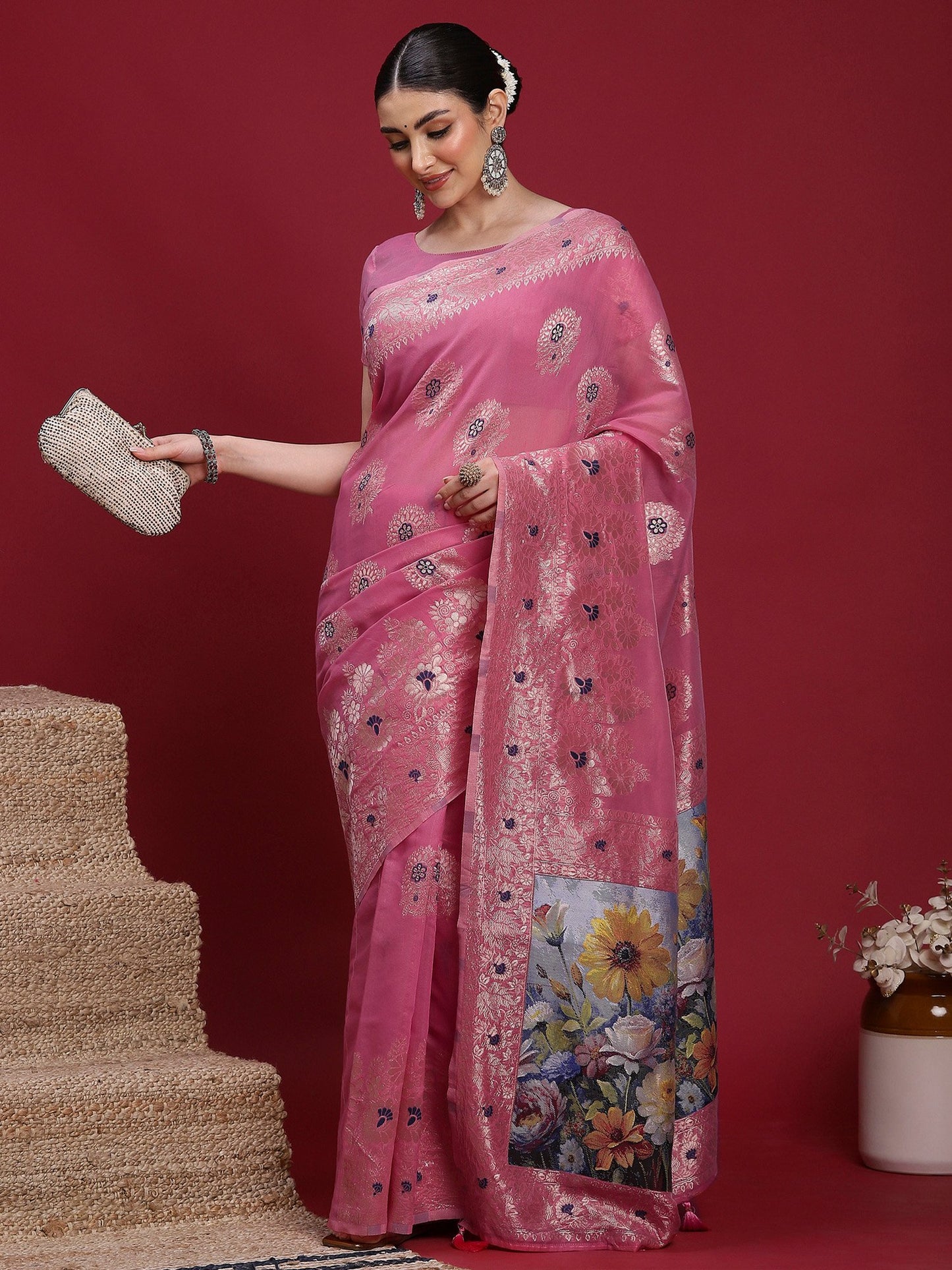 Pink Banarasi Organza Woven Saree