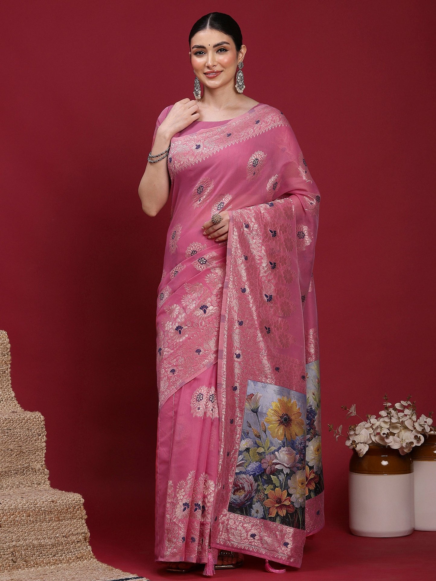 Pink Pink Banarasi Organza Woven Saree