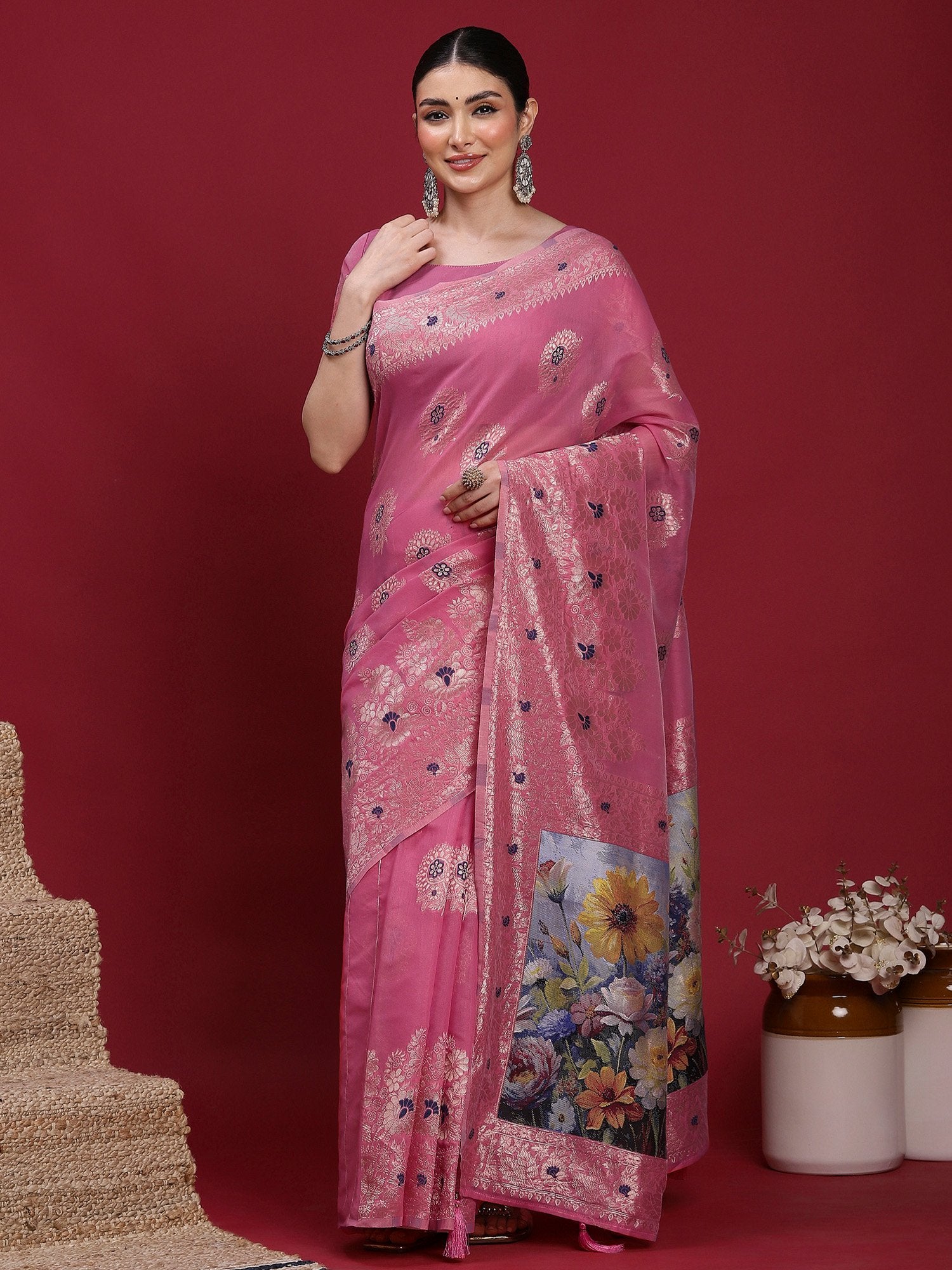 Pink Pink Banarasi Organza Woven Saree