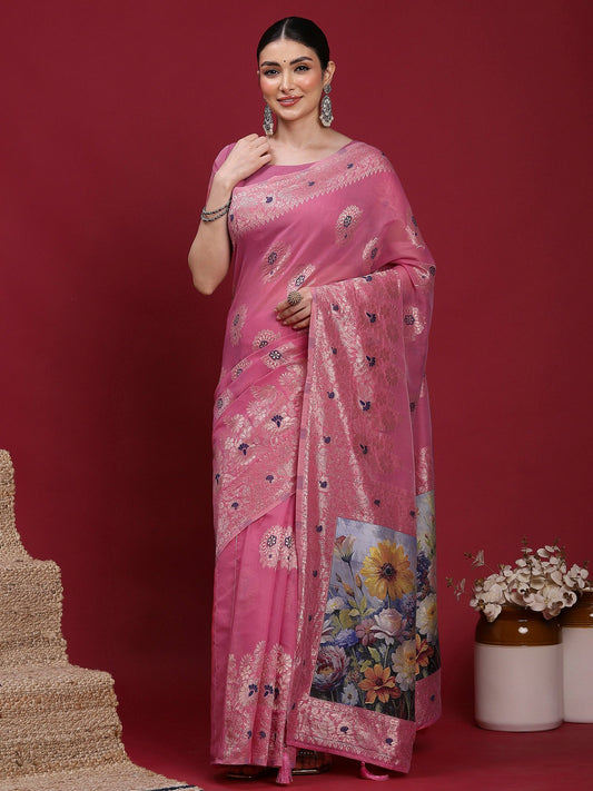 Pink Pink Banarasi Organza Woven Saree