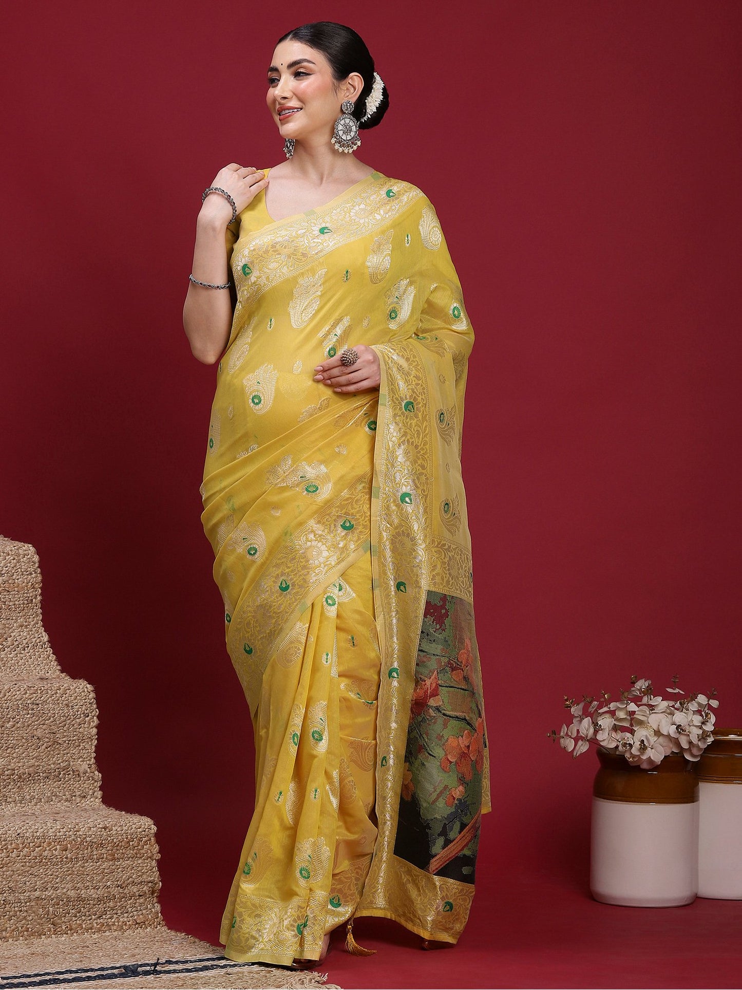 Yellow Banarasi Organza Woven Saree