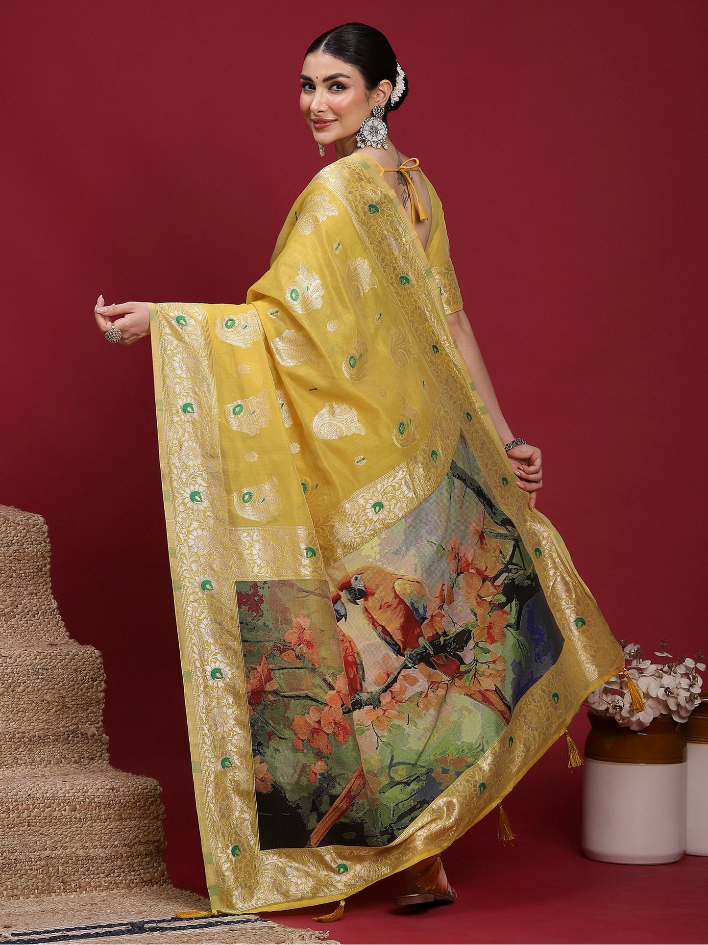 Yellow Banarasi Organza Woven Saree