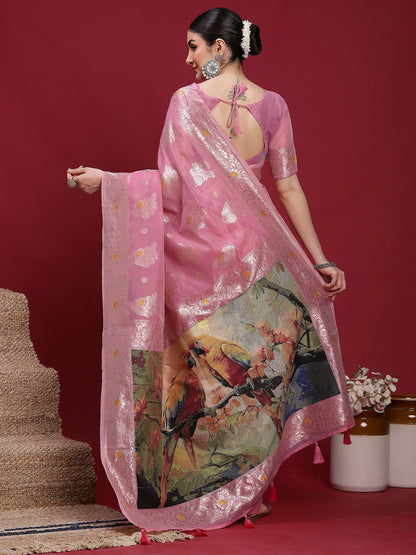 Pink Banarasi Organza Woven Saree