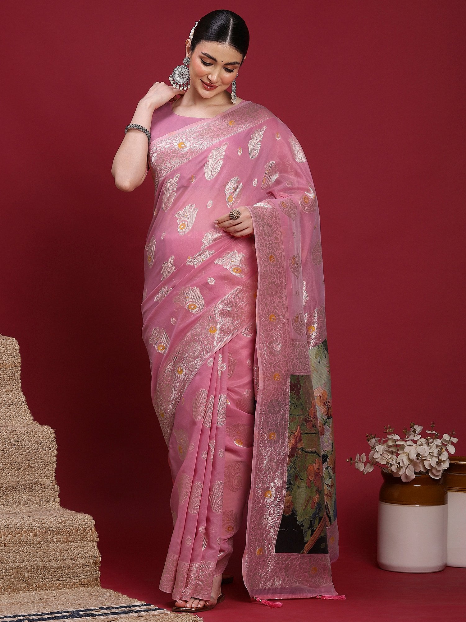 Pink Pink Banarasi Organza Woven Saree