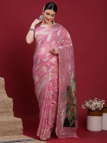 Pink Pink Banarasi Organza Woven Saree