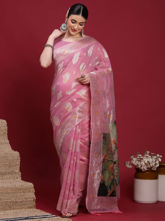 Pink Pink Banarasi Organza Woven Saree