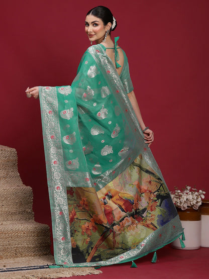 Teal Banarasi Organza Woven Saree