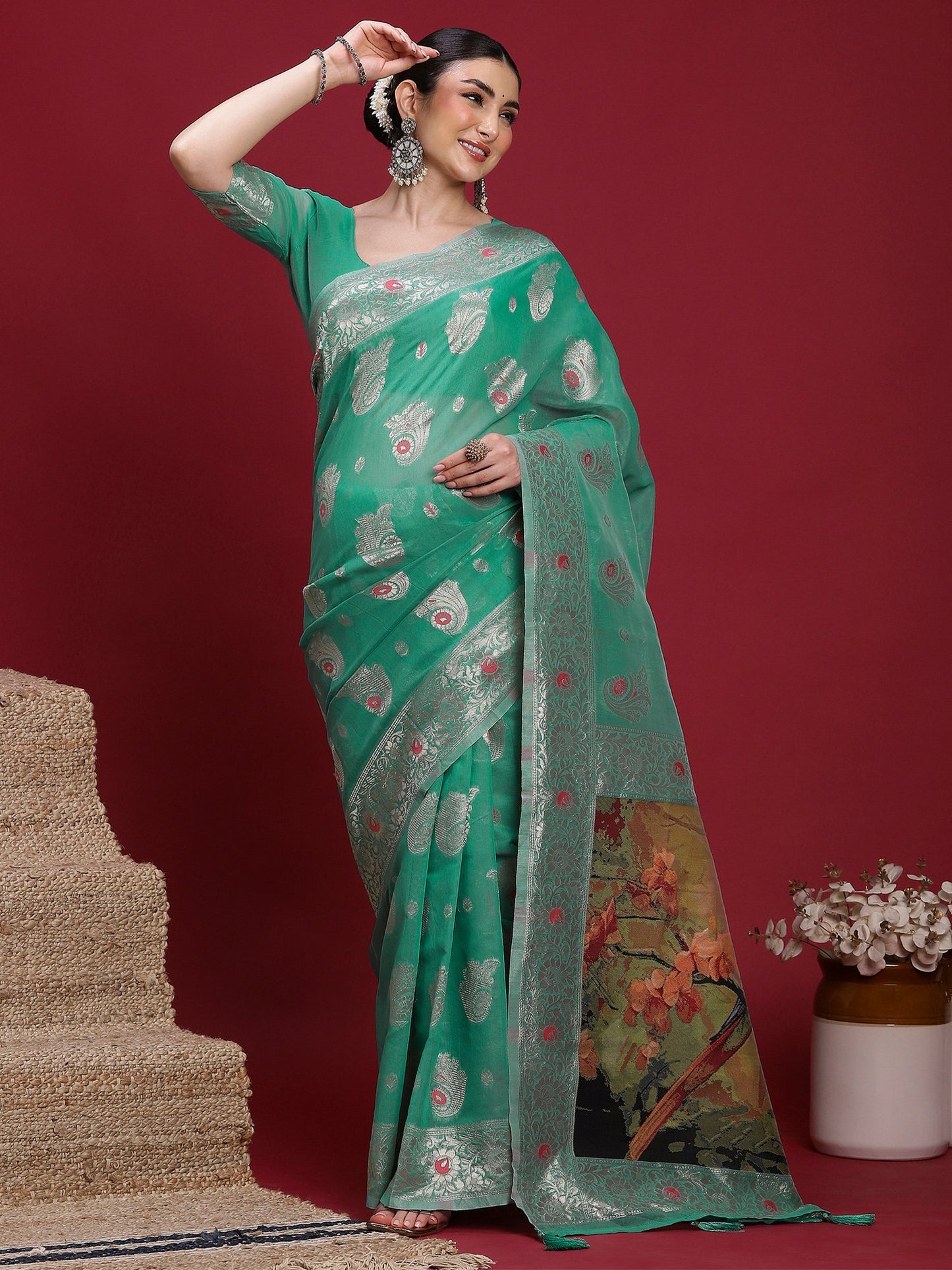 Teal Banarasi Organza Woven Saree