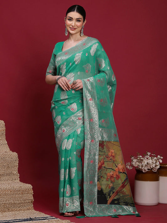 Green Teal Banarasi Organza Woven Saree