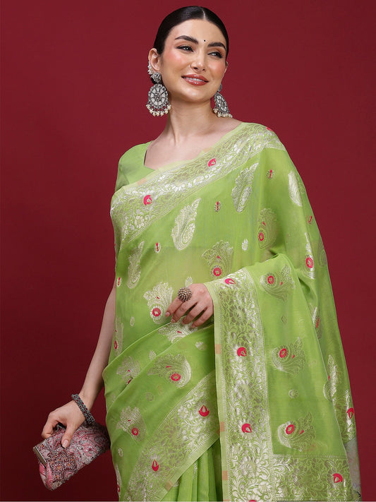 Green Light Banarasi Organza Woven Saree
