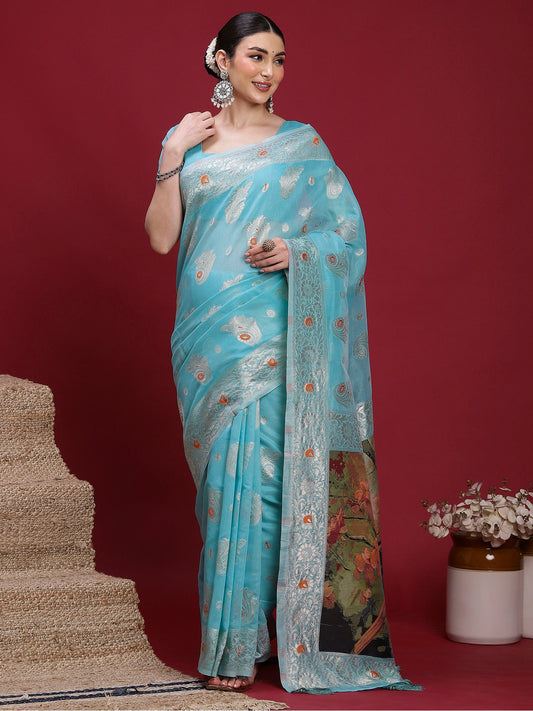 Blue Light Banarasi Organza Woven Saree