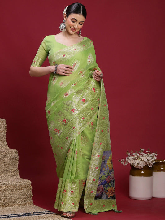 Green Light Banarasi Organza Woven Saree