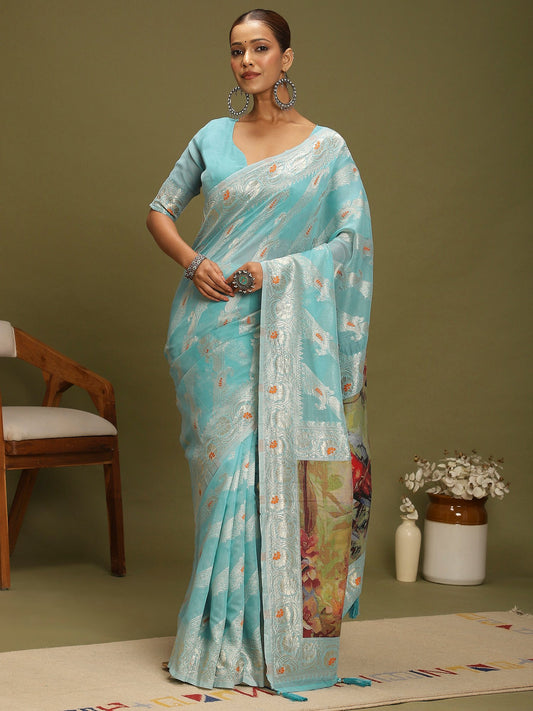 Blue Light Banarasi Organza Woven Saree