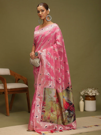 Pink Banarasi Organza Woven Saree