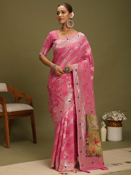 Pink Pink Banarasi Organza Woven Saree