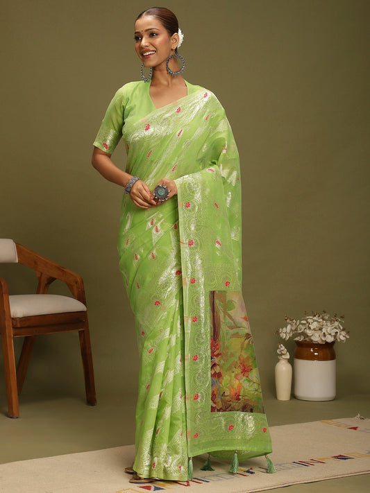 Green Light Banarasi Organza Woven Saree