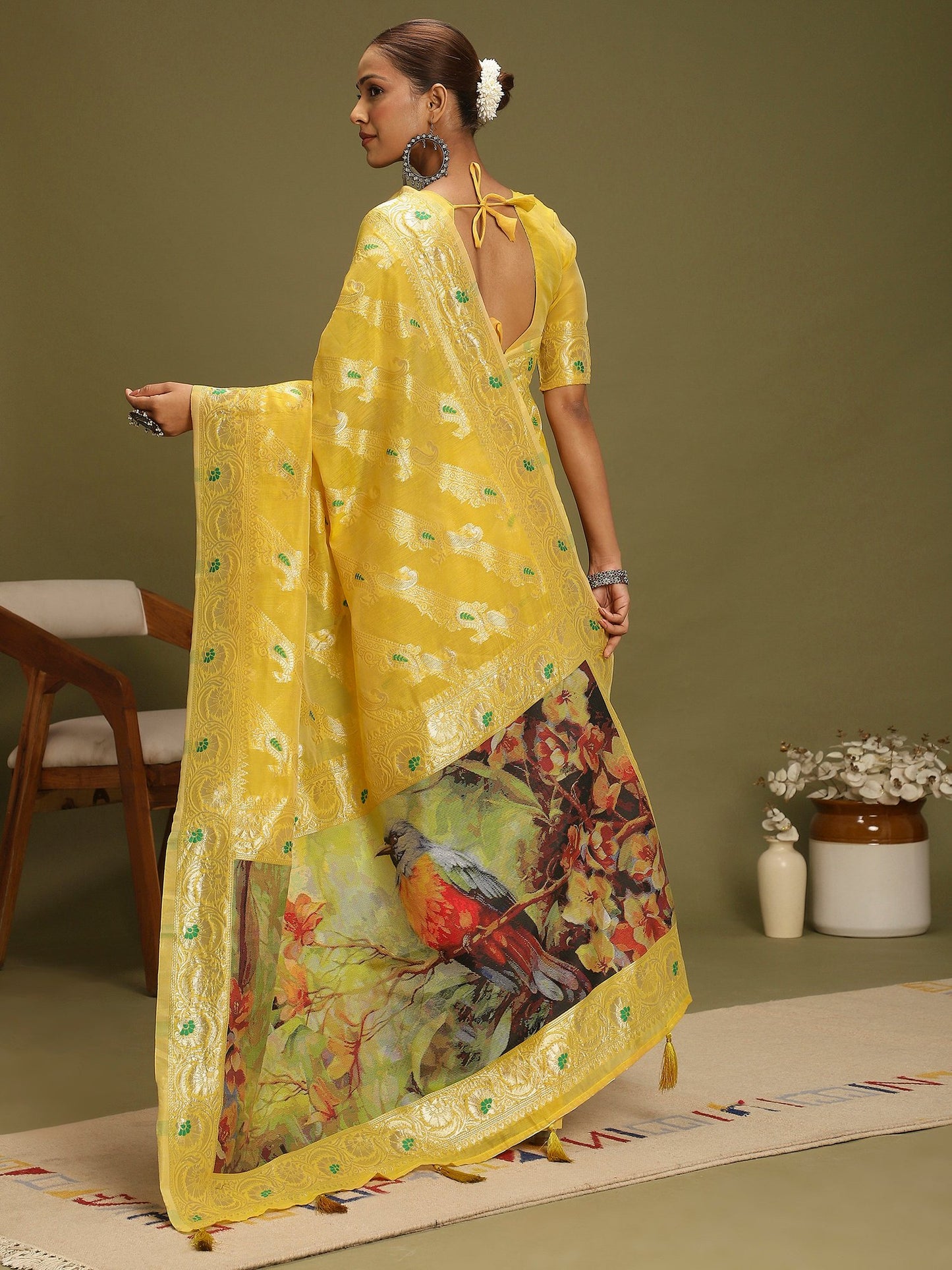 Yellow Banarasi Organza Woven Saree